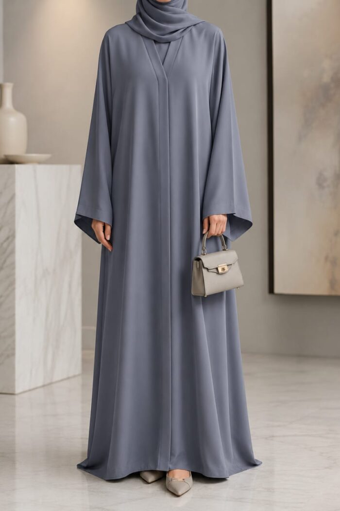 ik Tok Asri 2 Abaya in cashmere silver, front view showing relaxed A-line drape