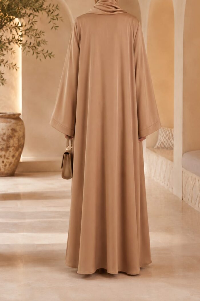Tik Tok Asri 2 Abaya in light brown, back view showing flowing silhouette and draped hijab