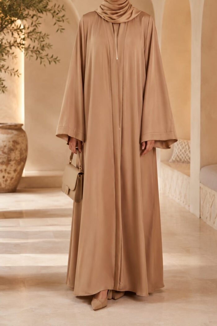 Tik Tok Asri 2 Abaya in light brown, front view showing relaxed A-line drape