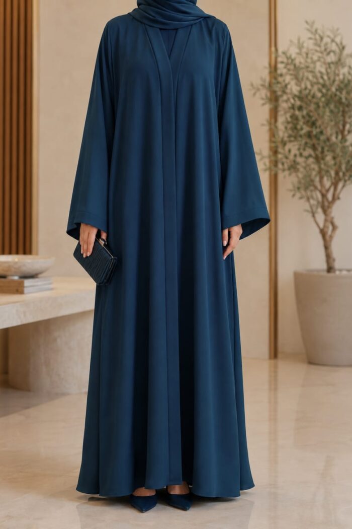 Tik Tok Asri 2 Abaya in zink, front view showing flowing silhouette and draped hijab