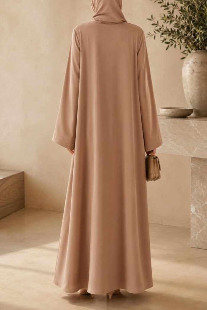 Tik Tok Asri Abaya in camel brown, back view showing flowy silhouette and draped hijab