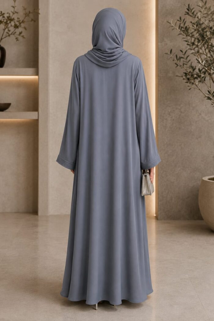 Tik Tok Asri Abaya in cashmere silver, back view showing flowy silhouette and draped hijab