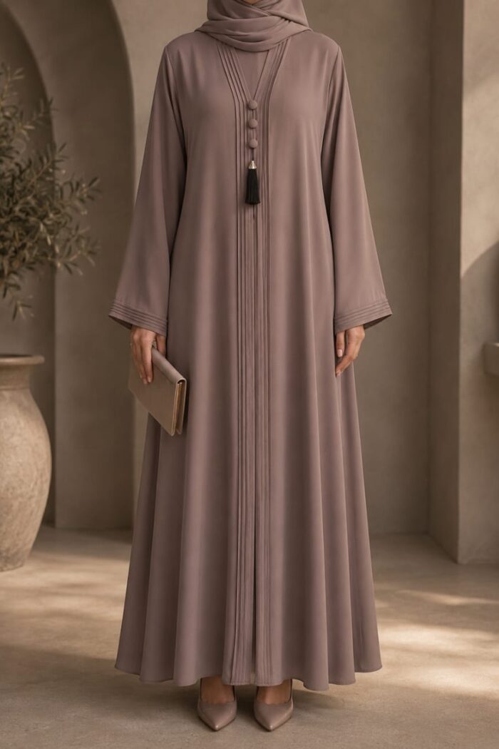 Tik Tok Asri Abaya in light grey, front view with pleated tassel closure and cuff detail