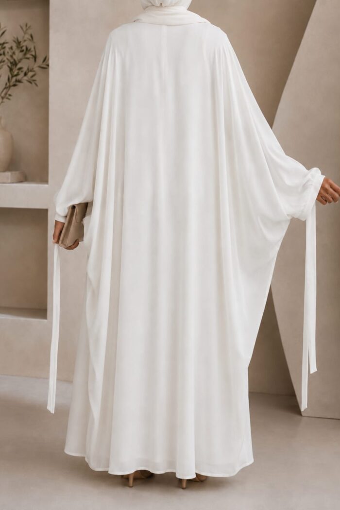 White kaftan abaya back view with ribbon cuff and matching hijab