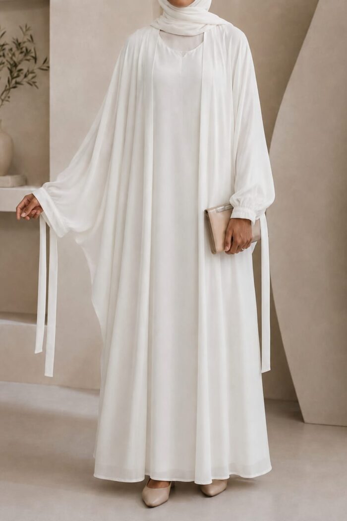 White kaftan abaya front view with ribbon cuff tie detail
