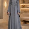 Zoom Arabian Katdana Abaya in cashmere silver, front view with katdana embroidery on shoulders and open front