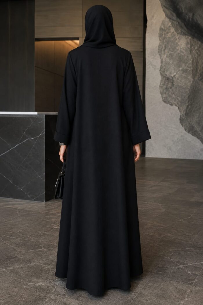 Zoom Plain Abaya in black, back view showing flowing A-line silhouette and draped hijab