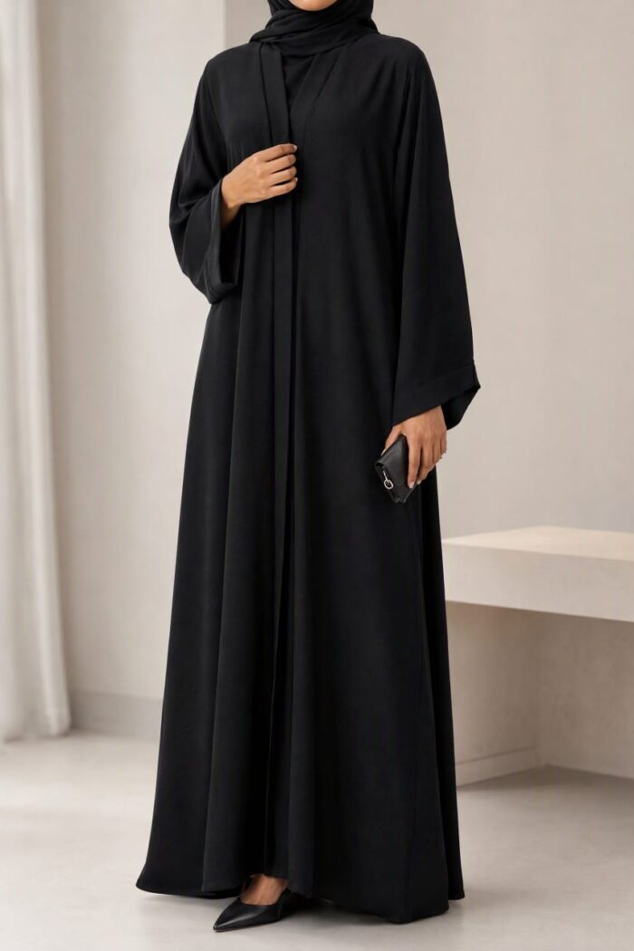 Zoom Plain Abaya in black, front view showing clean front-open cut