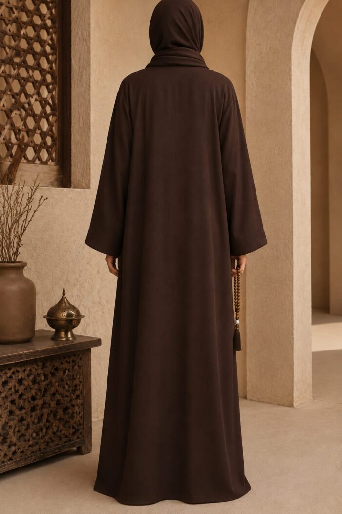 Zoom Plain Abaya in brown, back view showing flowing A-line drape and hijab