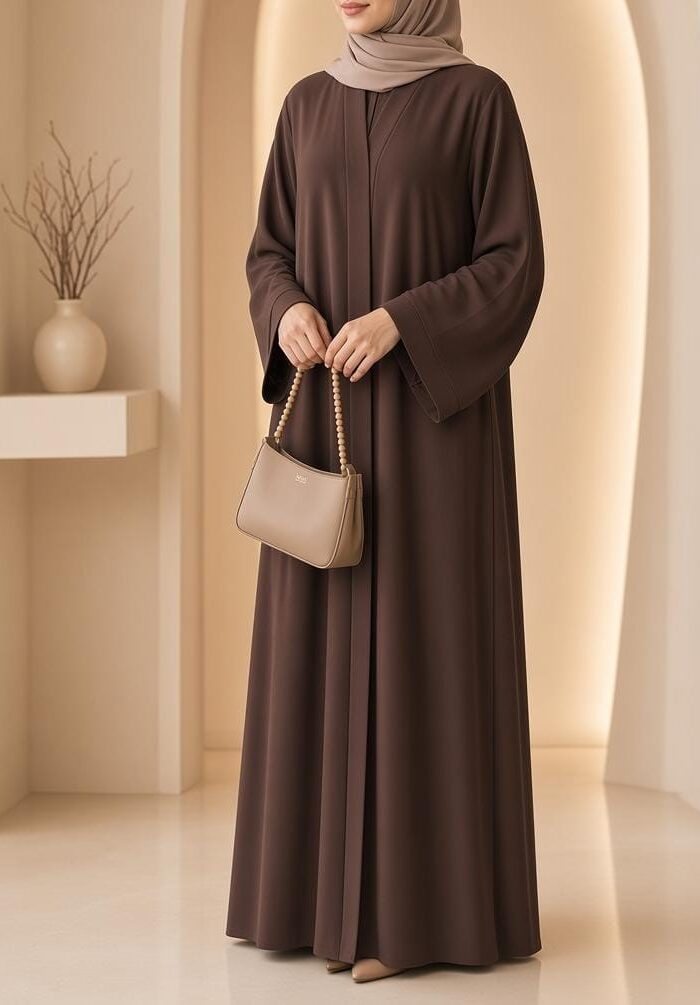 Zoom Plain Abaya in brown, front view showing clean front-open silhouette