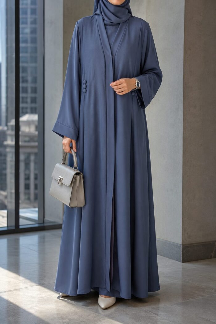 Zoom Plain Button Abaya in light grey, front view with decorative button closure and seam detail
