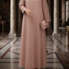 Zoom Plain Button Abaya in peach, front view with decorative button closure and seam detail
