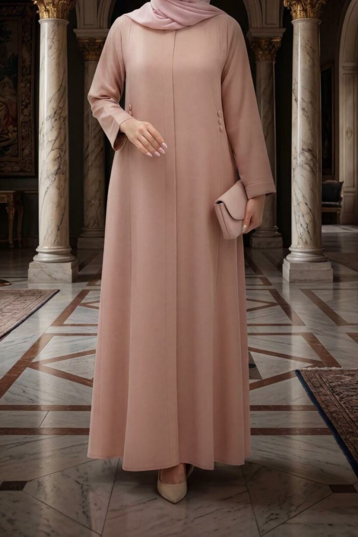 Zoom Plain Button Abaya in peach, front view with decorative button closure and seam detail