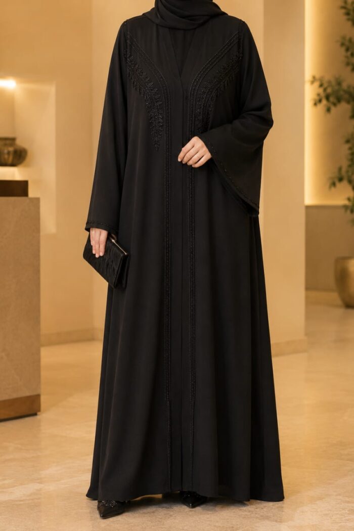 Zoom Zari Abaya in black, front view with stone work embroidery on front panels