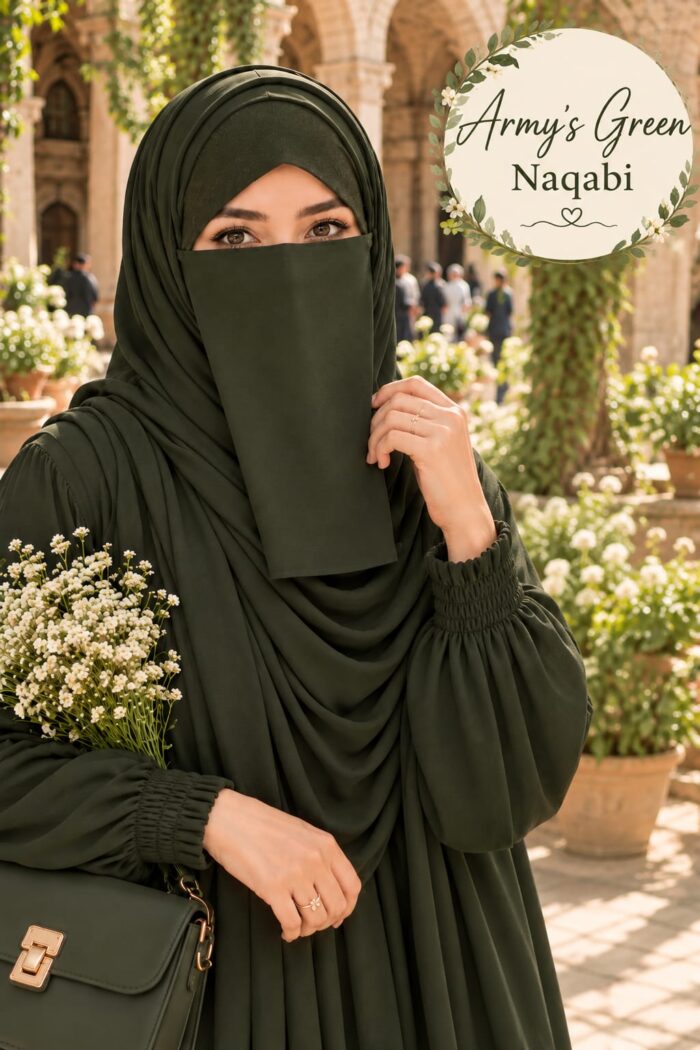 Army green colored Dori Naqabi, a Georgette niqab covering nose and face, worn with a matching abaya