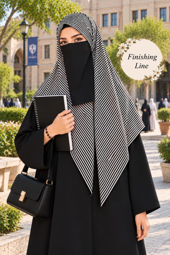 Black and white striped Georgette scarf with fine lines worn with niqab for university
