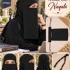 Black Arabian Dori Naqabi, a Georgette niqab with eye window and adjustable dori ties, shown front, side and back