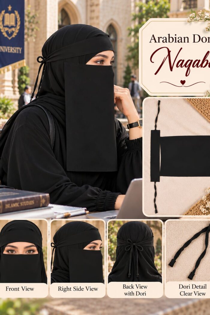 Black Arabian Dori Naqabi, a Georgette niqab with eye window and adjustable dori ties, shown front, side and back