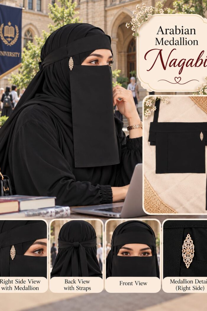 Black Arabian Medallion Naqabi, a Georgette niqab with eye window and gold-tone medallion on the patti