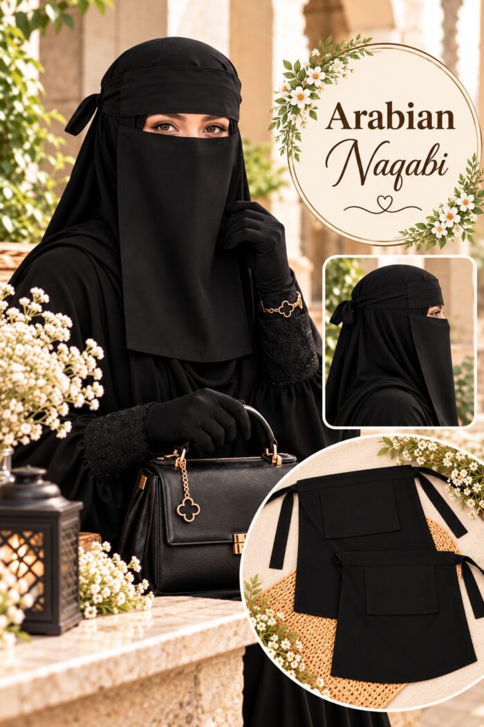 Black Arabian Naqabi, a 3-layer Georgette niqab with head, eye and face cover, styled with an abaya