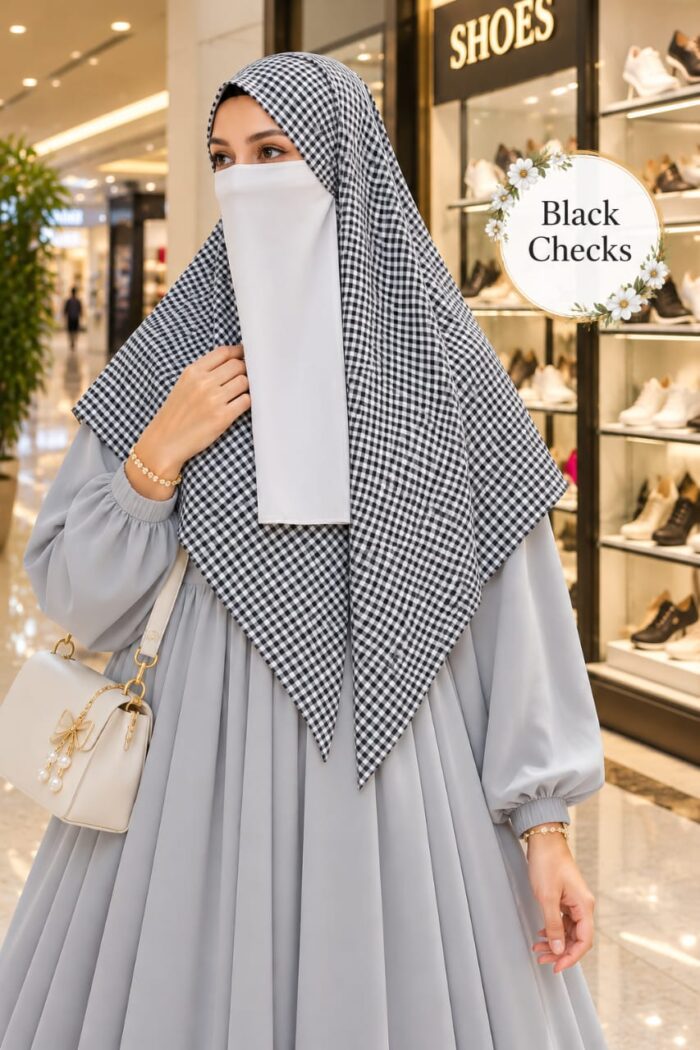 Black checks Georgette scarf with black and white checks worn with niqab for university