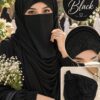 Woman wearing black cotton head cap with shimmer front panel, with close-up and flat view of the cap