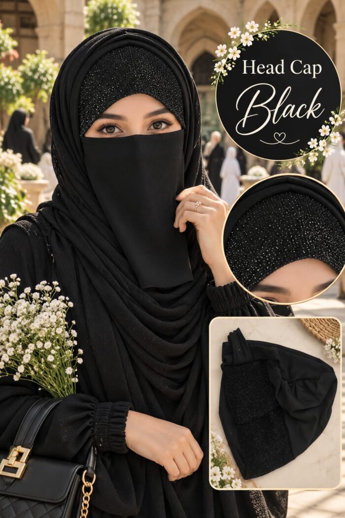 Woman wearing black cotton head cap with shimmer front panel, with close-up and flat view of the cap