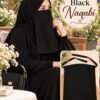 Black Dori Naqabi, a Georgette niqab with dori ties covering nose and face, worn with an abaya