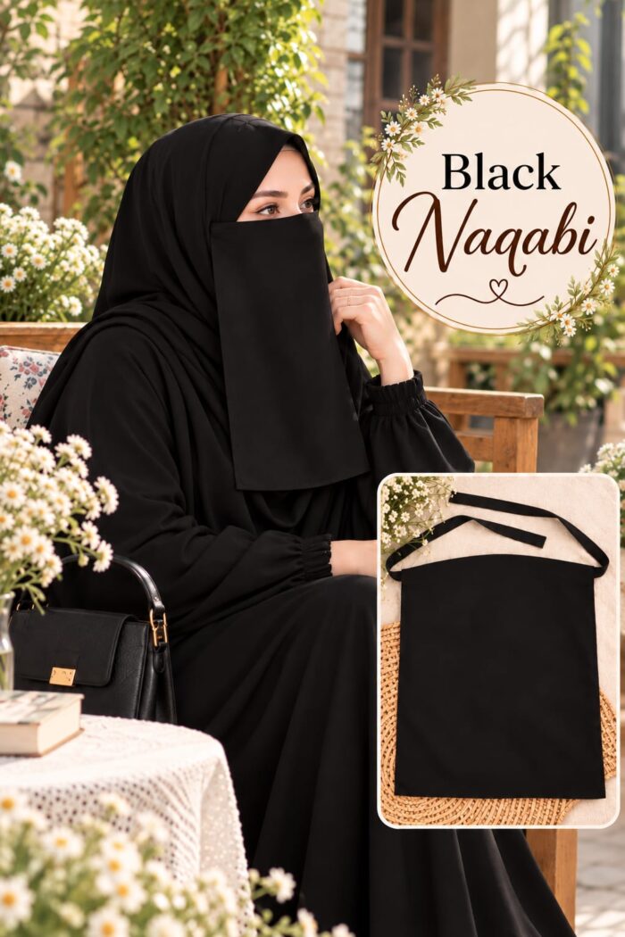 Black Dori Naqabi, a Georgette niqab with dori ties covering nose and face, worn with an abaya