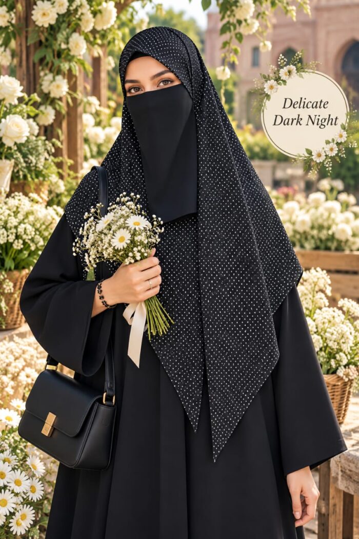 Black dotted Georgette scarf with white dots worn with niqab for university