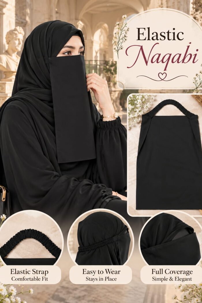 Black Elastic Naqabi, a Georgette niqab with a comfortable elastic head band covering nose and face