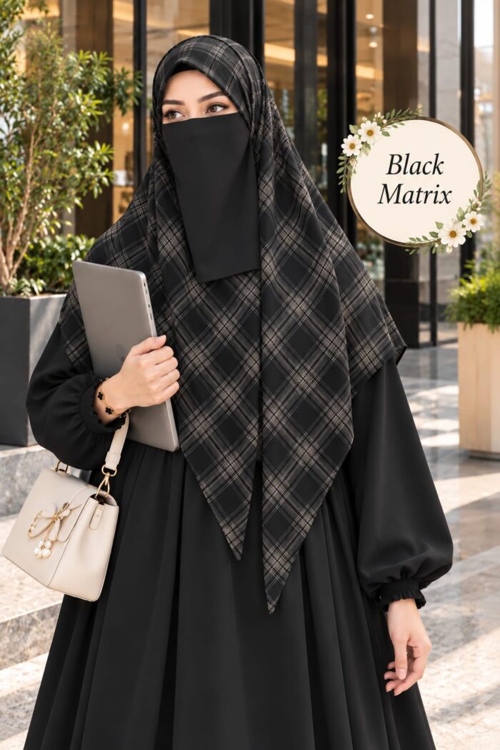 Black matrix Georgette scarf with skin-brown lines worn with niqab for university