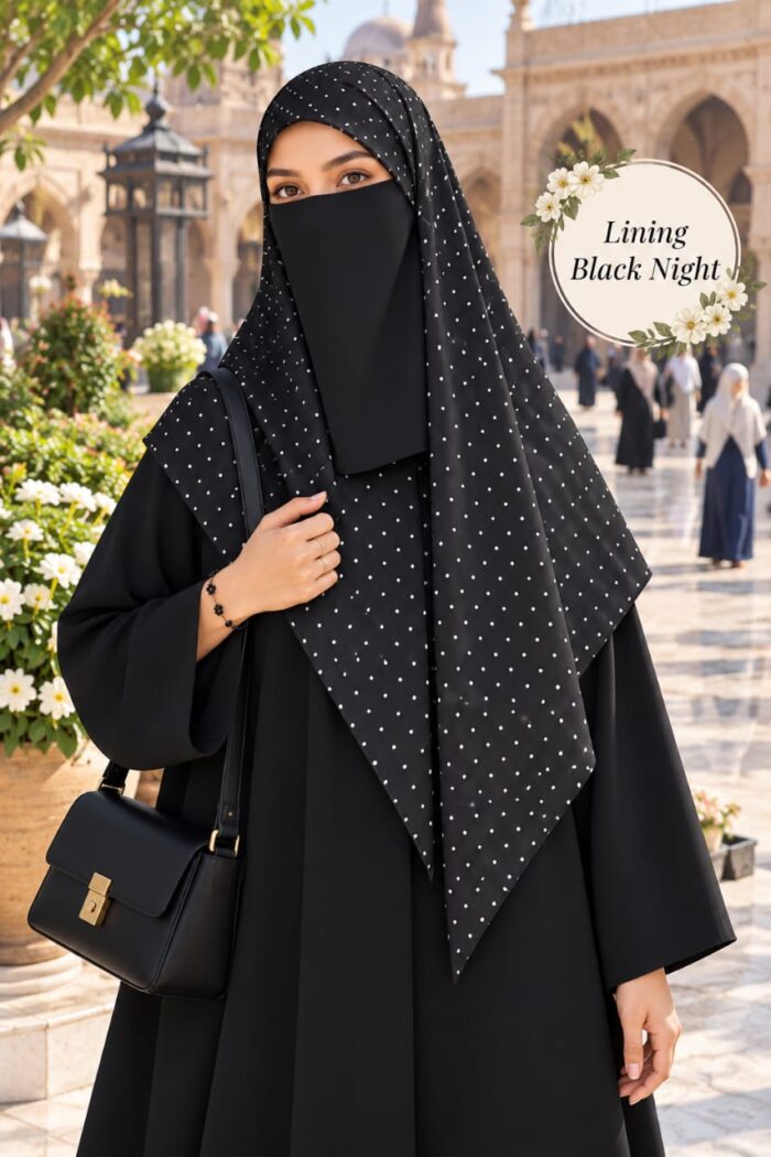 Black polka dot Georgette scarf with white dots worn with niqab for university