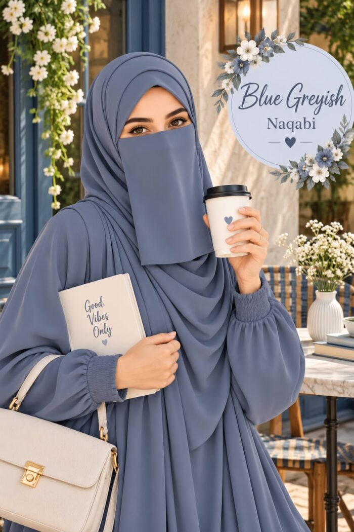 Blue greyish everyday Dori Naqabi, a Georgette niqab covering nose and face, worn with a matching abaya