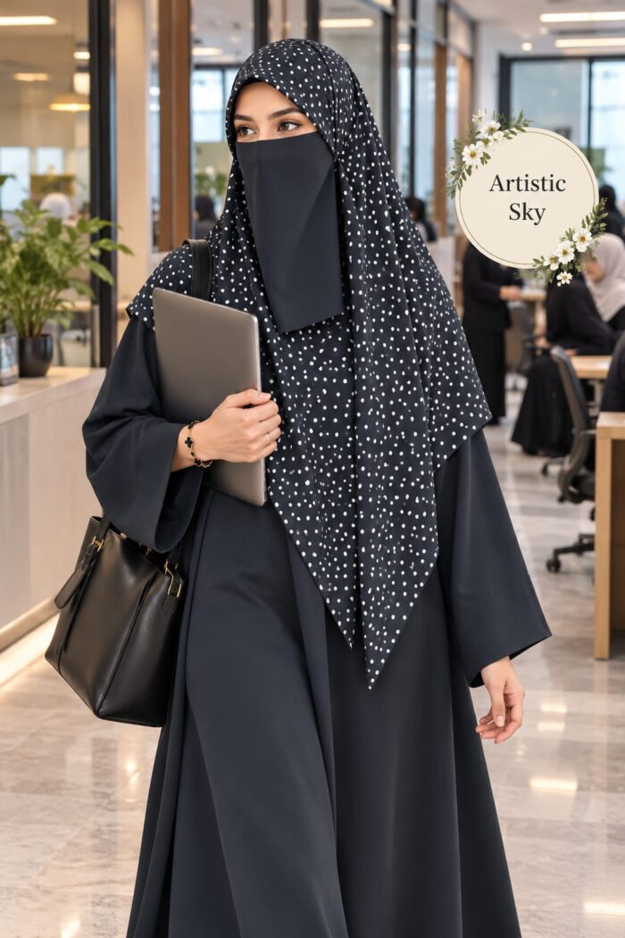 Blue polka dot Georgette scarf with white dots worn with niqab for office
