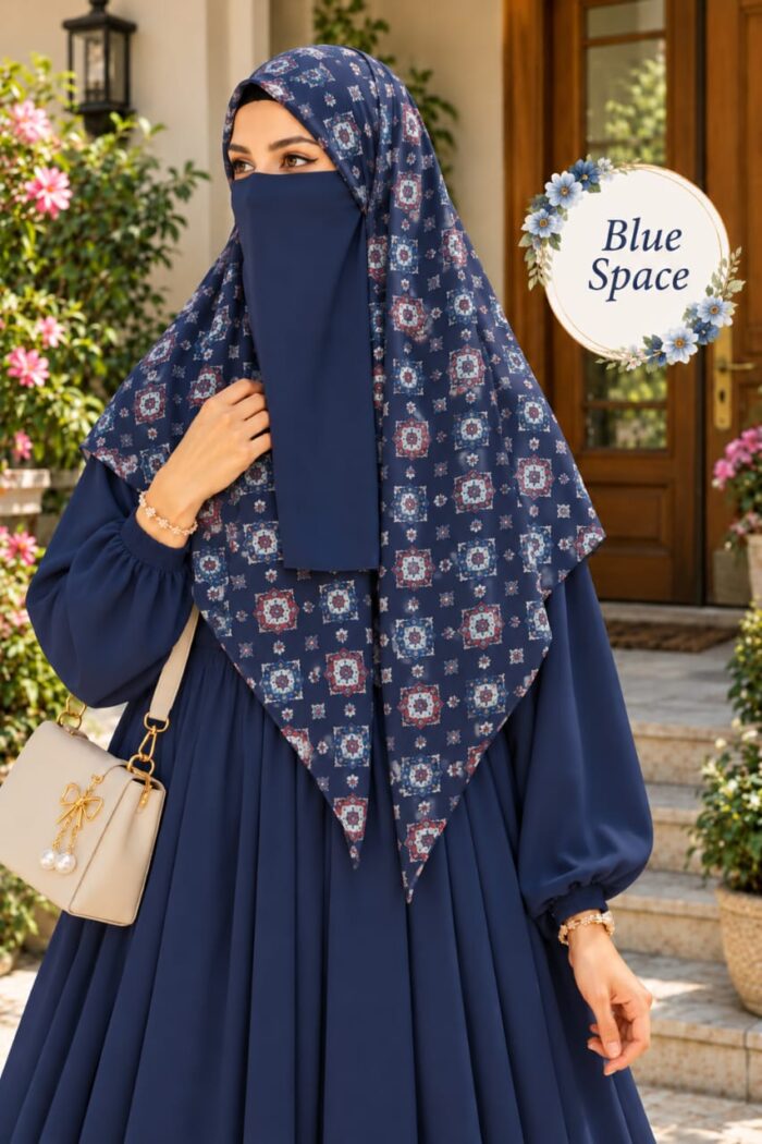 Blue printed Georgette scarf with white, maroon and wheat flowers worn for university