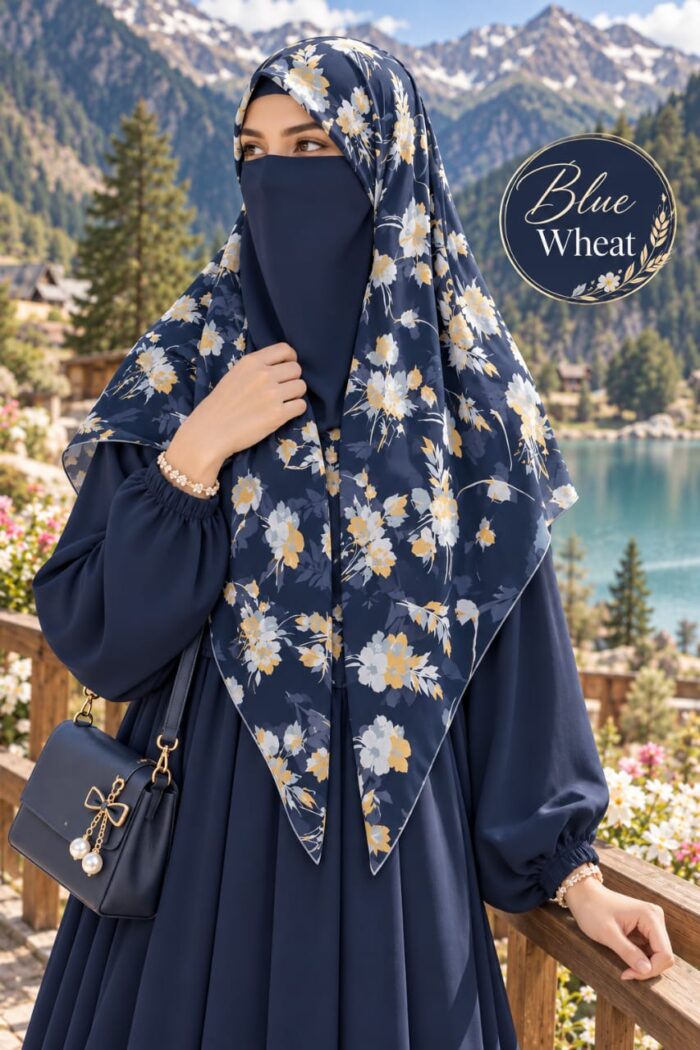 Blue Wheat blue floral Georgette scarf with yellow and white flowers worn for university