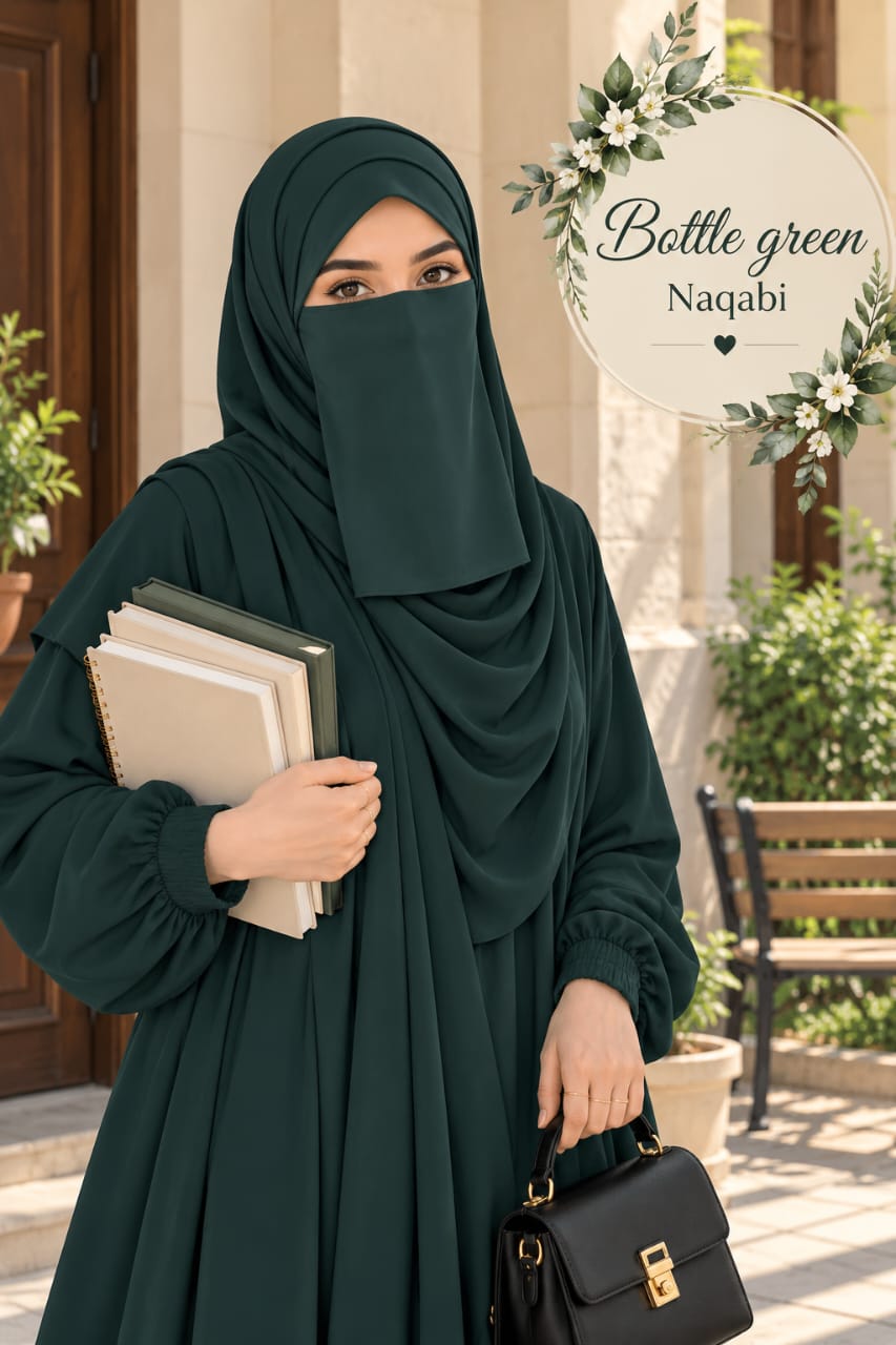 Bottle green everyday Dori Naqabi, a Georgette niqab covering nose and face, worn with a matching abaya