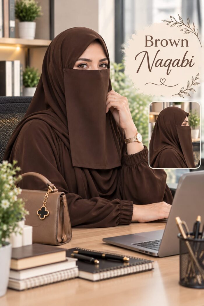 Brown premium Dori Naqabi, a Georgette niqab covering nose and face, worn with a matching abaya in an office