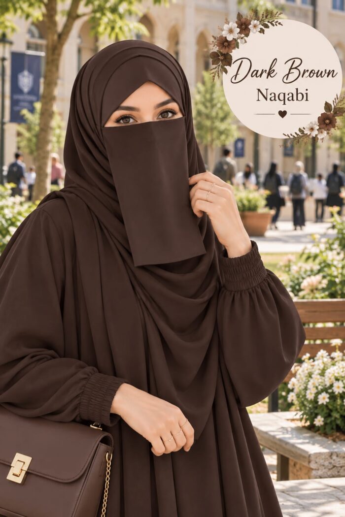 Dark brown premium Dori Naqabi, a Georgette niqab covering nose and face, worn with a matching abaya at a desk