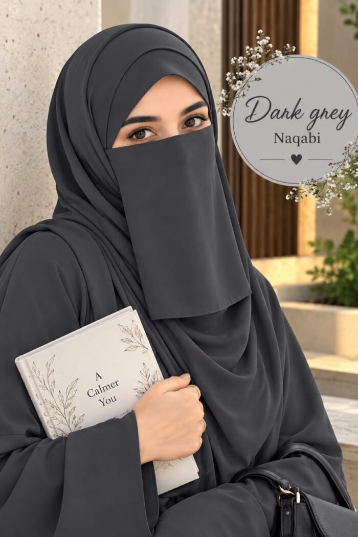 Dark grey everyday Dori Naqabi, a Georgette niqab covering nose and face, worn with a matching abaya