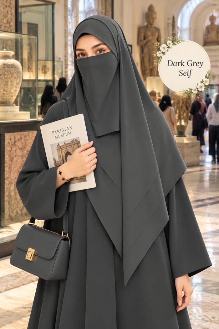 Dark grey Georgette scarf in plain self color worn with niqab for university