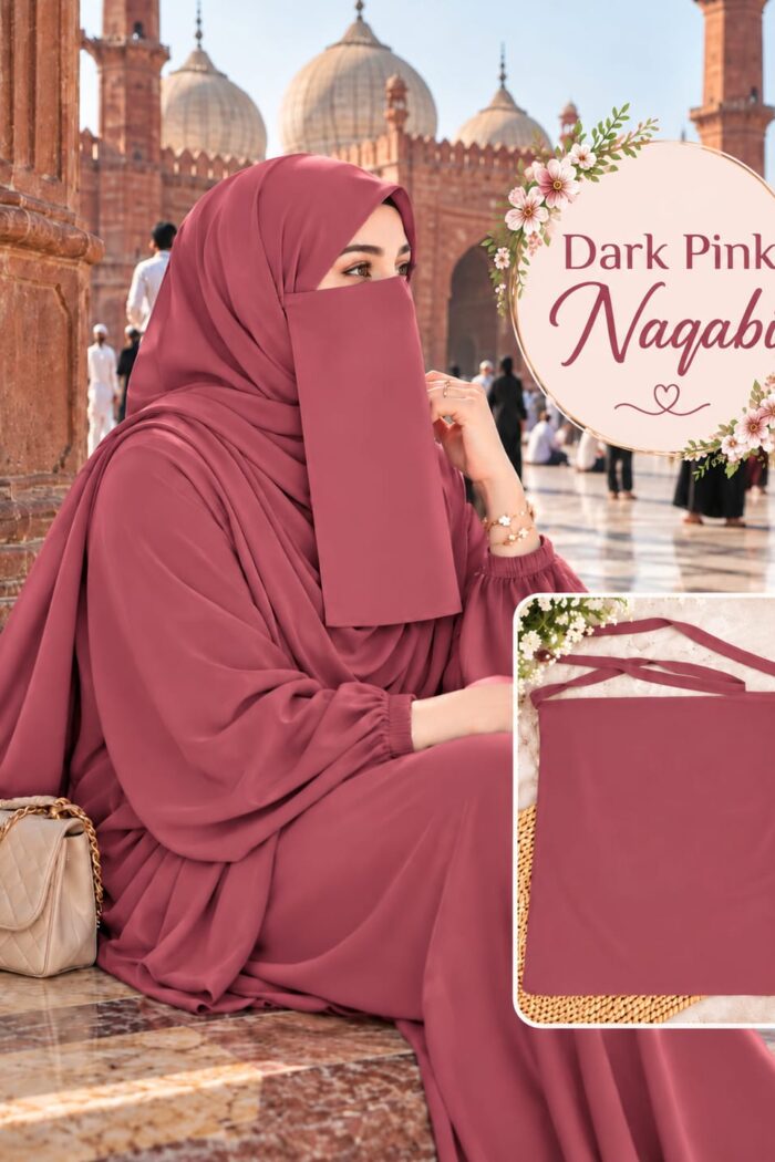 Dark Pink Dori Naqabi, a Georgette niqab with dori ties covering nose and face, worn with a matching abaya