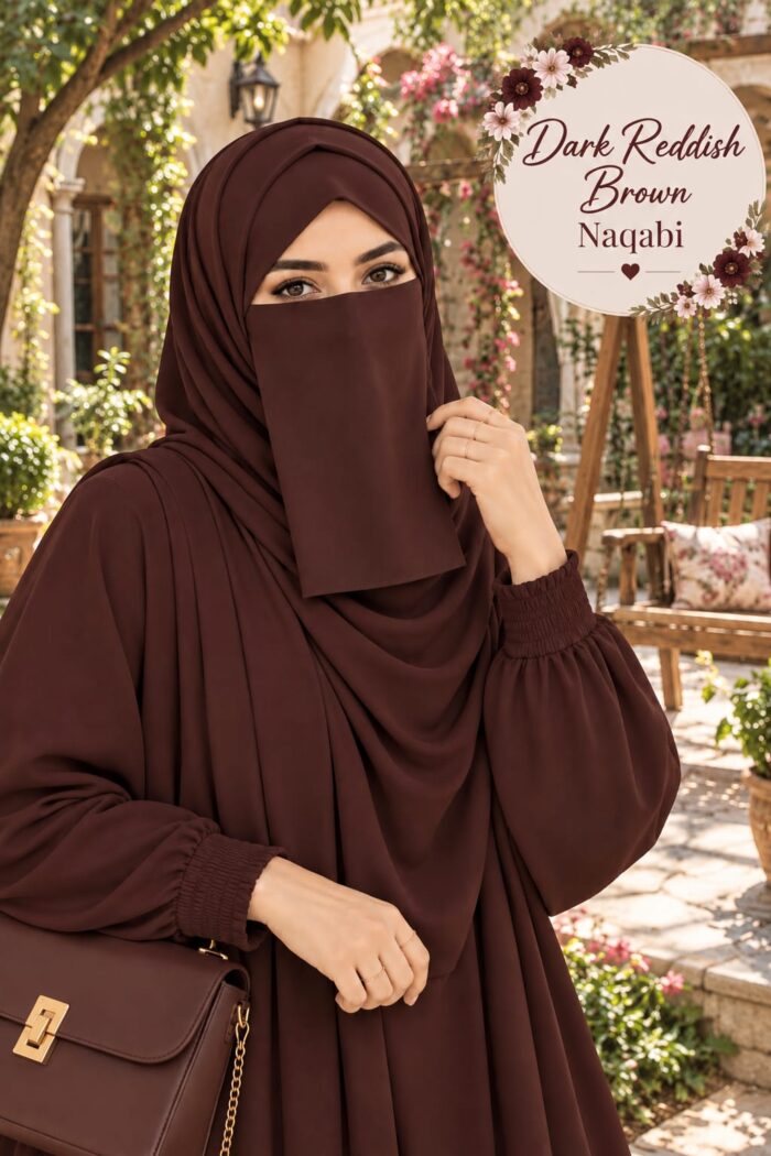 Dark reddish brown premium Dori Naqabi, a Georgette niqab covering nose and face, worn with a matching abaya