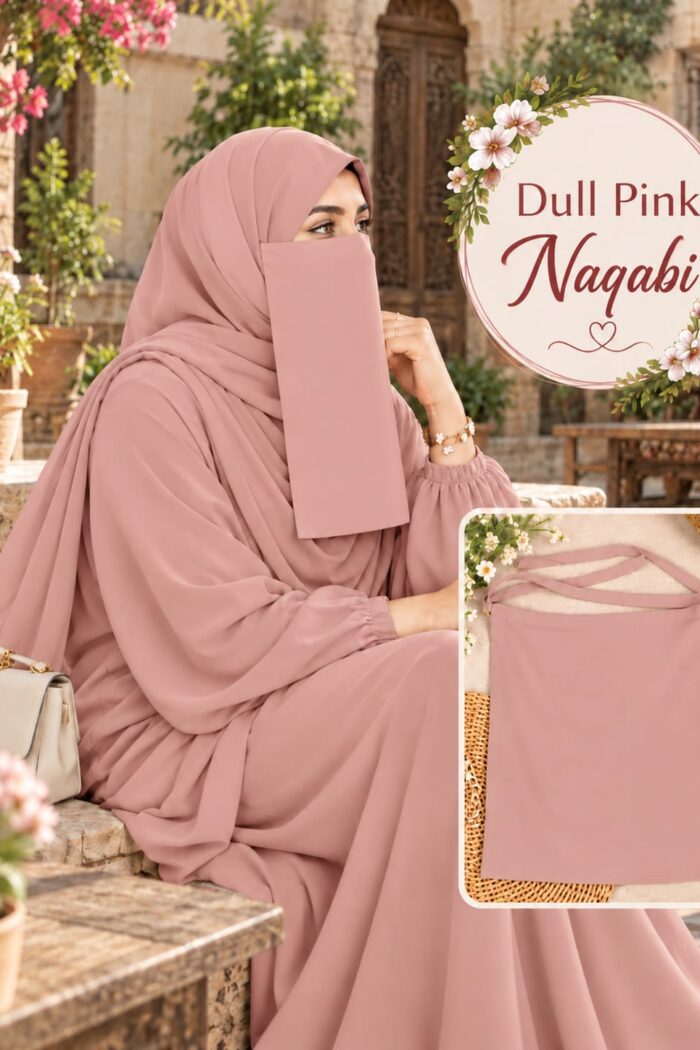 Dull Pink Dori Naqabi, a Georgette niqab with dori ties covering nose and face, worn with a matching abaya