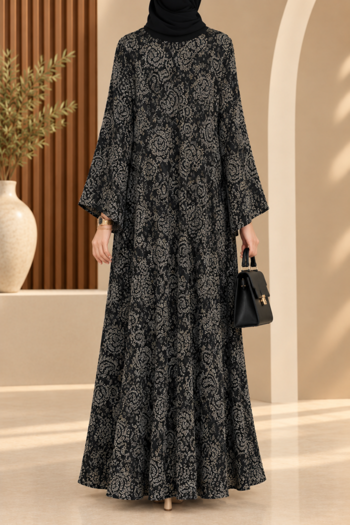 Falcon double abaya in Black Forest design, back view, showing the same cream paisley pattern and decorative texture as the front