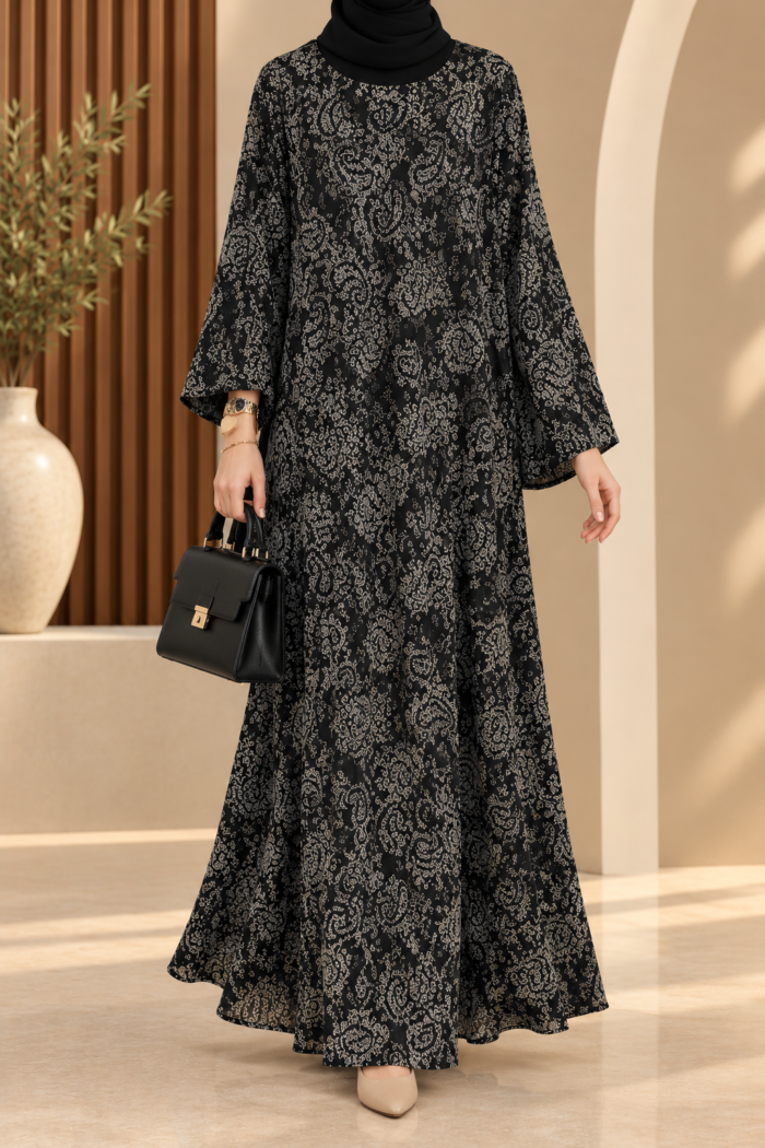 Falcon double abaya in Black Forest design, front view, with cream paisley pattern on black and free-style flared sleeves
