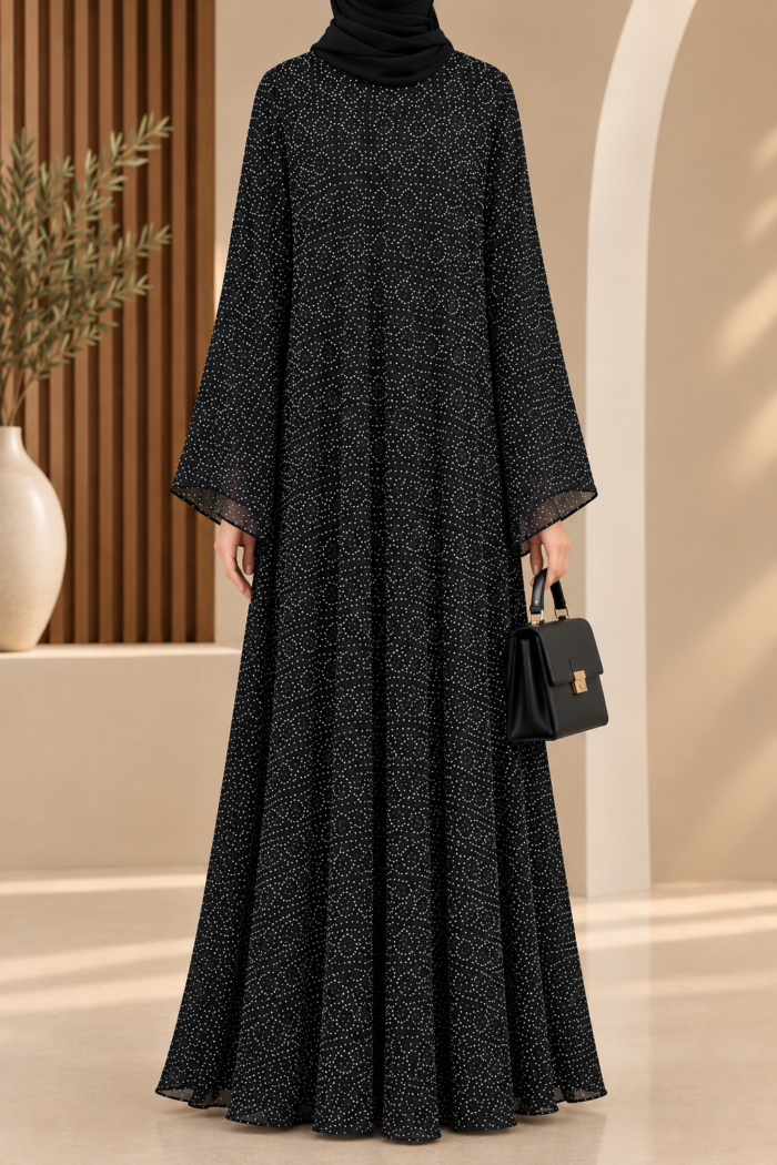 Falcon double abaya in black Circle Dot design, back view, showing the same decorative texture as the front