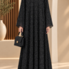 Falcon double abaya in black Circle Dot design, front view, with free-style flared sleeves