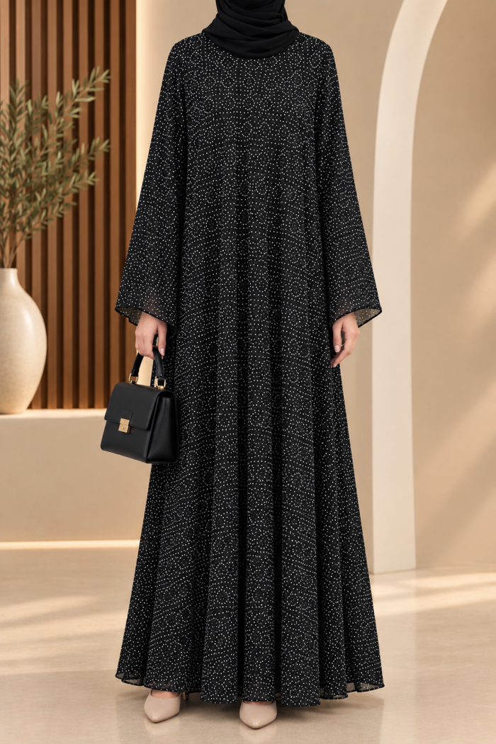 Falcon double abaya in black Circle Dot design, front view, with free-style flared sleeves